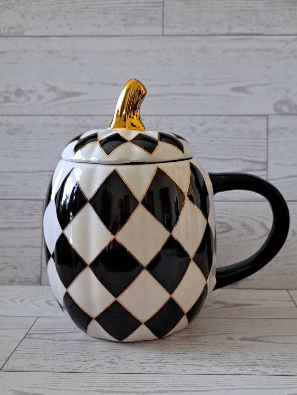 Black & White Ceramic Harlequin Lidded Mug with 18K Gold Stem